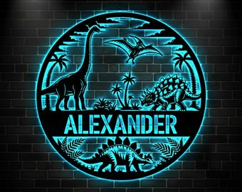 Personalized Dinosaur LED Metal Sign, Custom Kids Name Wall Decor, Dino Bedroom Light, Nursery Wall Art, Gift for Boys, Playroom Decor Sign