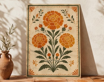 Golden Marigold Floral Art Print, Folk Botanical Wall Decor, Rustic Autumn Flower Poster, Vintage Garden Illustration, Unframed Home Art
