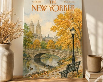 Vintage Autumn Park Poster, Retro Fall Landscape Print, Golden Tree and Park Bench Wall Art, Classic City Nature Decor, Unframed Artwork