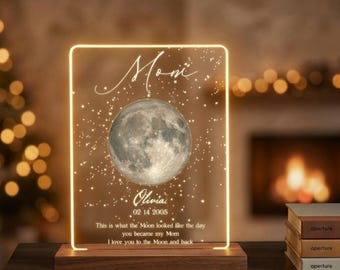 Luminária Noturna Personalizada com Foto da Lua | Luminária Personalizada em Acrílico com Base de Madeira de Pinho