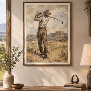May include: A framed wall art print depicting a person wearing a cowboy hat, a light-colored long-sleeved shirt, and brown trousers, standing in a desert landscape while swinging a golf club. The artwork features a muted color palette of tan, brown, and beige tones with visible sketch-like lines and a signature in the bottom right corner.
