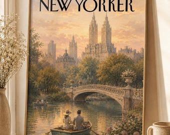 Vintage Cityscape Poster, Retro Bridge and Rowboat Wall Art, Romantic Skyline Print, Mid Century Inspired Travel Decor for Living Room