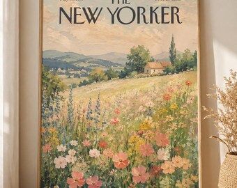 Pastel Wildflower Meadow Wall Art Print, Vintage Floral Countryside Poster, Cottagecore Spring Field Landscape Decor, Unframed Gift