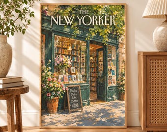 Vintage Bookshop Wall Art Poster, Retro NYC Bookstore Aesthetic Print, Unframed Colorful Literary Shop Illustration Gift for Book Lovers
