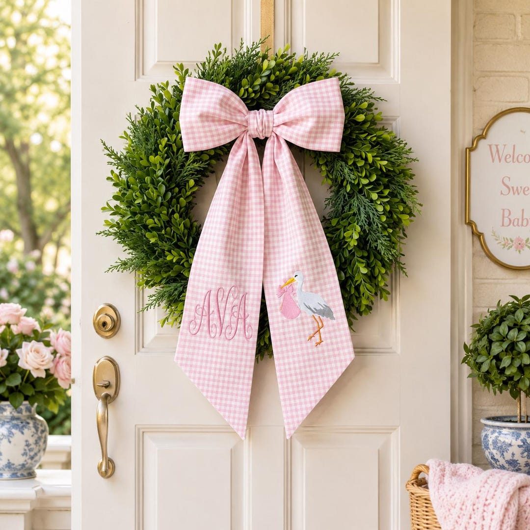 Personalized Baby Girl Wreath Sash, Pink Gingham Door Bow, Stork ...