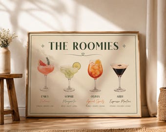 Personalized Roommate Cocktail Poster, Custom Drinks Wall Art, Fun Dorm Room Decor, Apartment Bar Cart Print