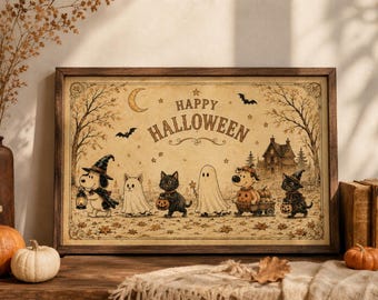 Vintage Halloween Parade Wall Art Poster, Retro Cute Dog Fall Decor Print, Nostalgic Storybook Autumn Parade Illustration Unframed