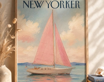 Vintage Coastal Sailboat Poster Retro Seaside Wall Art Pastel Ocean Print Mid Century Inspired Harbor Illustration Beach House Home Decor