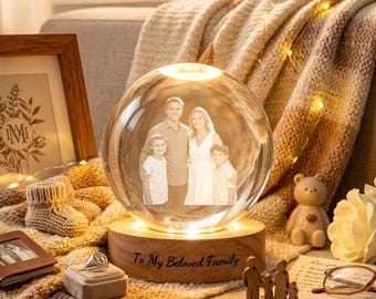 Personalized 3D Crystal Photo Sphere, Engraved Portrait LED Night Light, Custom Memory Gift