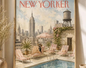 Vintage Pool Poster, Rooftop Summer Wall Art, Fashion Inspired Magazine Style Print, Chic Cityscape Decor Luxury Poolside Artwork for Modern