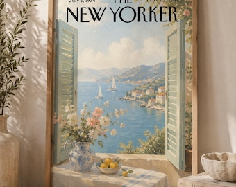 Vintage Coastal Wall Art Print, Mediterranean Sea View Window Poster, French Riviera Inspired Beach House Decor, Retro Magazine Style