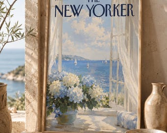 Vintage Coastal Window Poster, Ocean View Wall Art, Beach Cottage Floral Print, Mid Century Seaside Decor, Coastal Landscape Artwork