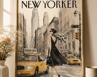 Fashion Wall Art Print, Vintage Magazine Style Poster, Chic City Street Illustration, Elegant Taxi Decor, Modern Apartment Bedroom Office