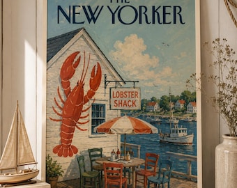 Vintage Coastal Lobster Shack Wall Art Print, Retro Seaside Seafood Illustration Poster, Nautical Beach House Decor, Colorful Maritime