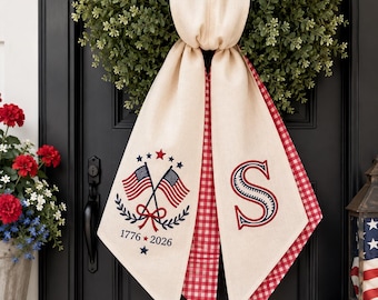 Guirnalda con monograma personalizado, lazo para puerta con la bandera estadounidense patriótica, decoración para el 4 de julio.