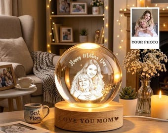 Personalized Crystal Ball Night Light, Custom Photo Mom Gift, Engraved Wooden Base Lamp