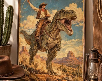 Funny Vintage Cowboy Riding Dinosaur Art Print Unframed Western Rex Poster Humorous Jurassic Wall Decor Room Canvas Painting Gift for Him