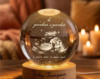 3D Ultrasound Crystal Ball Night Light, Custom Sonogram Keepsake Lamp, Engraved Wood Base