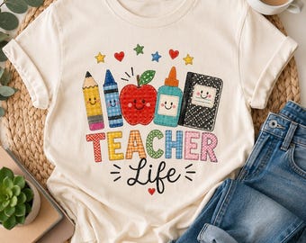 Teacher Shirt School Supplies Graphic Tee, Retro Classroom Patchwork Style Top, Colorful Educator Gift, Back to School Teacher Outfit