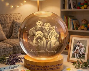Personalized Crystal Ball Photo Lamp, Custom Engraved Family Portrait, Wooden LED Stand Gift