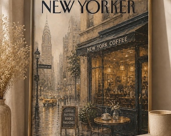 Vintage Coffee Shop Poster, Cozy City Cafe Wall Art, Rainy Street Scene Print, Art Deco Skyline Architecture Decor, Retro Magazine Style