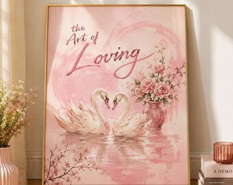 Pink Swan Wall Art Poster, Romantic Love Print, Aesthetic Preppy Bedroom Decor, Unframed Coquette Floral Bird Art Gift for Her