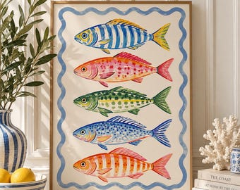 Colorful Fish Art Print Coastal Grandmillennial Beach Wall Poster Unframed