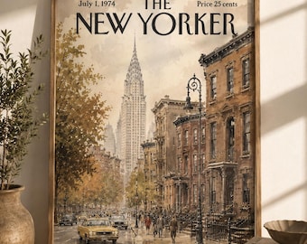 Vintage New York Wall Art Print, Historic Brownstone Street Poster, Watercolor Cityscape Architecture Decor, Retro Editorial Style Artwork