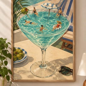 Retro Poolside Cocktail Art Print, Tiny Swimmers Summer Wall Decor, Vintage Resort Poster, Martini Inspired Vacation Artwork, No Frame