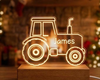 Personalized Tractor Night Light, Custom Acrylic LED Lamp, Beech Wood Base