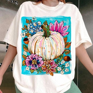 Fleurs d&#39;automne citrouilles Png, Sublimation de chemise d&#39;automne florale bohème, ambiance girly d&#39;automne Png, coup de pinceau automne preppy Png, saison citrouille rose Png