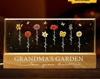 Luz LED de flor del mes de nacimiento del jardín de la abuela personalizada, luz acrílica familiar personalizada, regalo de mamá, regalo de la abuela, regalo del día de la madre, luz de amor