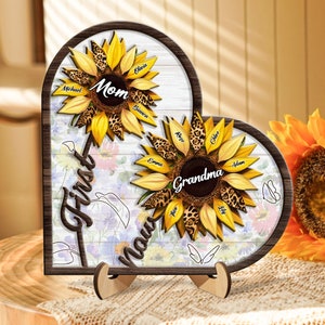 Personalized First Mom Now Grandma Sunflower 2-Layered Wooden Plaque,Custom Sunflower Wooden Sign, Mother's Day Gift, Gift For Mom/ Grandma