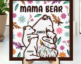 Custom Mama Bear Floral Style Wooden Plaque, Personalized 2-Layered Plaque, Birthday Gift, Mother's Day Gift from Daughters, Gift for Mom