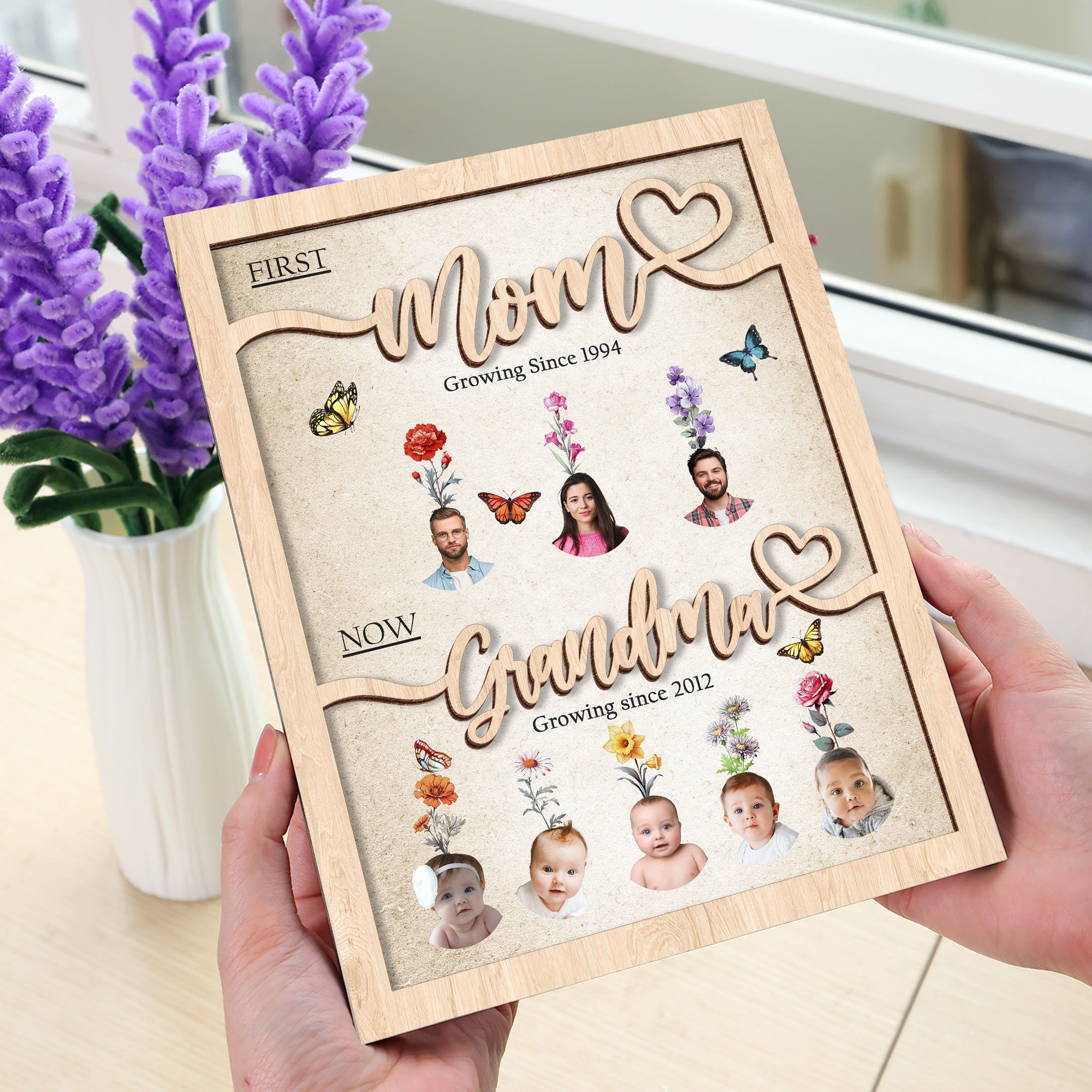 Personalized Photo Birth Month Flowers First Mom Now Grandma Wooden ...