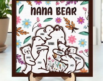 Custom Mama Bear Floral Style Wooden Plaque, Personalized 2-Layered Plaque, Birthday Gift, Mother's Day Gift from Daughters, Gift for Mom