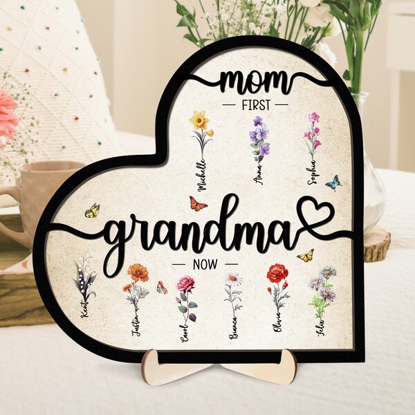 Personalzied First Mom Now Grandma Sign Birthflower, Custom Birth Month Flower Wooden Plaque, , Gift For Mom/ Grandma, Mother's Day Gift