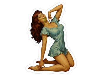 May include: A sticker featuring a vintage-style illustration of a woman in a light blue romper, with red hair and green slime coming from her mouth. The woman is kneeling with one arm raised.