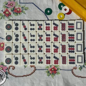 May include: A set of off-white Mahjong tiles arranged in a grid, featuring numbers one through nine in red and black ink, alongside blank tiles. A yellow plastic rack and several small, circular, colored plastic tokens are positioned nearby.