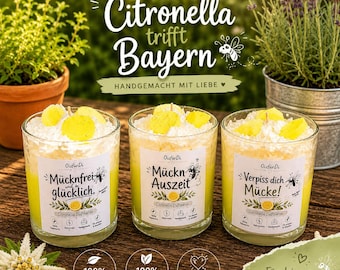 Vela con aroma a citronela, vela de limón, vela de verano, vela de cera de soja, idea de regalo, balcón, jardín, vela antimosquitos, decoración de verano, decoración bávara, hecha a mano