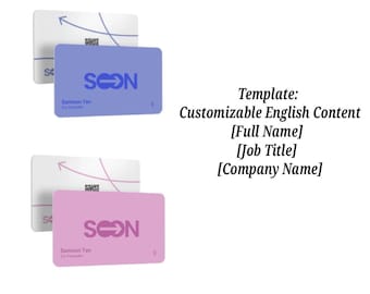 May include: Two cards, one lavender and one pink, with the word "SOON" in white. The lavender card has the name "Samson Tan" and the title "Co-Founder". The text "Template: Customizable English Content" is also visible.