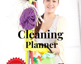 Puede incluir: Una persona sosteniendo utensilios de limpieza, incluyendo una fregona, una escoba y un cubo. La imagen tiene el texto "Cleaning Planner" y un gráfico "50% Off". El sitio web catmardigitals.com también es visible.