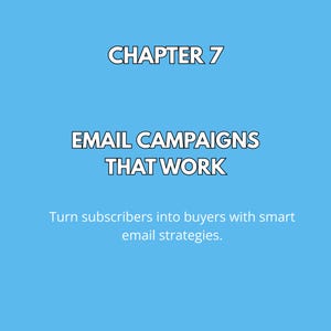 Puede incluir: Fondo azul claro con texto blanco. El texto dice "CAP&Iacute;TULO 7", "CAMPA&Ntilde;AS DE CORREO ELECTR&Oacute;NICO QUE FUNCIONAN" y "Convierte a los suscriptores en compradores con estrategias de correo electr&oacute;nico inteligentes."