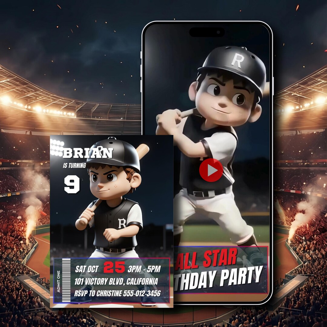 Animated Baseball Birthday Video Invitation, All Star Sports Party, Boy ...