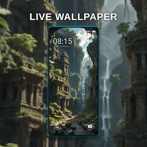 Könnte beinhalten: Ein Smartphone zeigt ein Live-Wallpaper einer üppigen Berglandschaft mit Wasserfällen und antiken Ruinen. Der Bildschirm zeigt die Uhrzeit 08:15 Uhr und das Datum Montag, 23. Oktober. Die Worte "LIVE WALLPAPER" stehen oben.