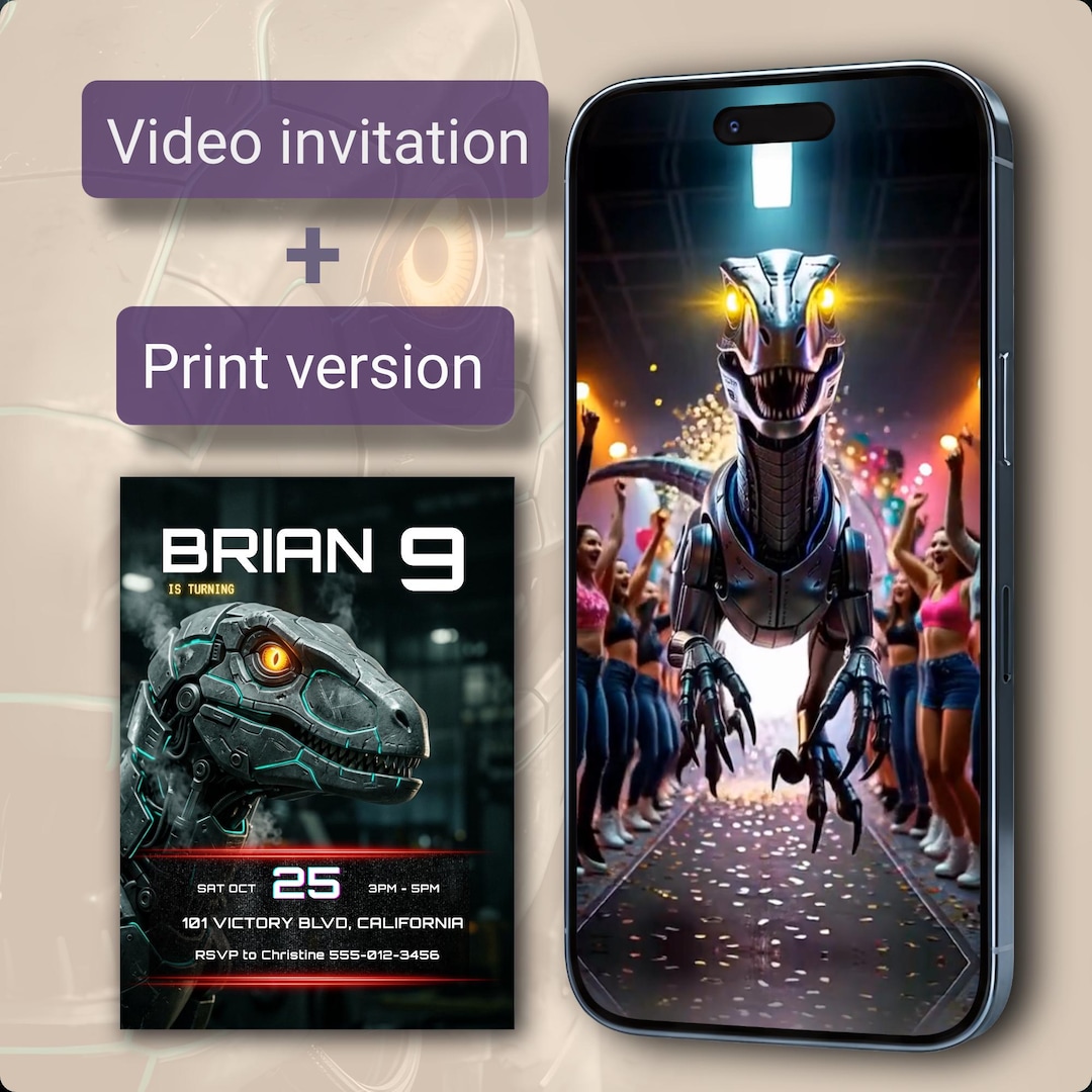 Animated Dinosaur Cyborg Raptor Birthday Invitation (video & Print) - Etsy