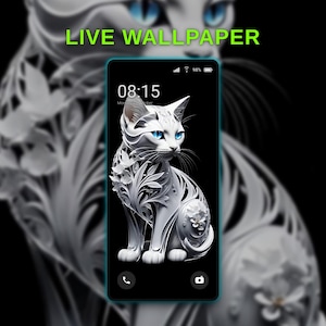 Könnte beinhalten: Ein Smartphone-Bildschirm zeigt eine weiße Katze mit blauen Augen und floralen Mustern auf schwarzem Hintergrund. Die Worte "LIVE WALLPAPER" stehen grün oben. Die Uhrzeit ist 08:15.