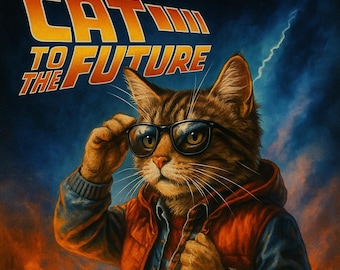Puede incluir: Impresión de arte digital que presenta un gato con gafas y un chaleco rojo, al estilo de la película "Regreso al Futuro". El título "Cat to the Future" está sobre el gato, con un coche DeLorean en llamas debajo.