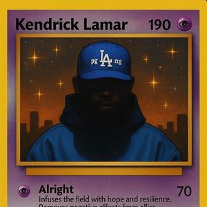 May include: A trading card featuring Kendrick Lamar. The card has a purple border and a portrait of the rapper wearing a blue LA hat and hoodie. The card includes the text "Alright" and "Euphoria" with associated game effects.