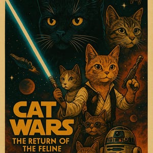 Może przedstawiać: Plakat w stylu vintage z napisem "CAT WARS" i "THE RETURN OF THE FELINE". Obraz przedstawia koty w scenerii kosmicznej, z kotem trzymającym miecz świetlny i innym trzymającym blaster. Obecne są również inne koty i droid.